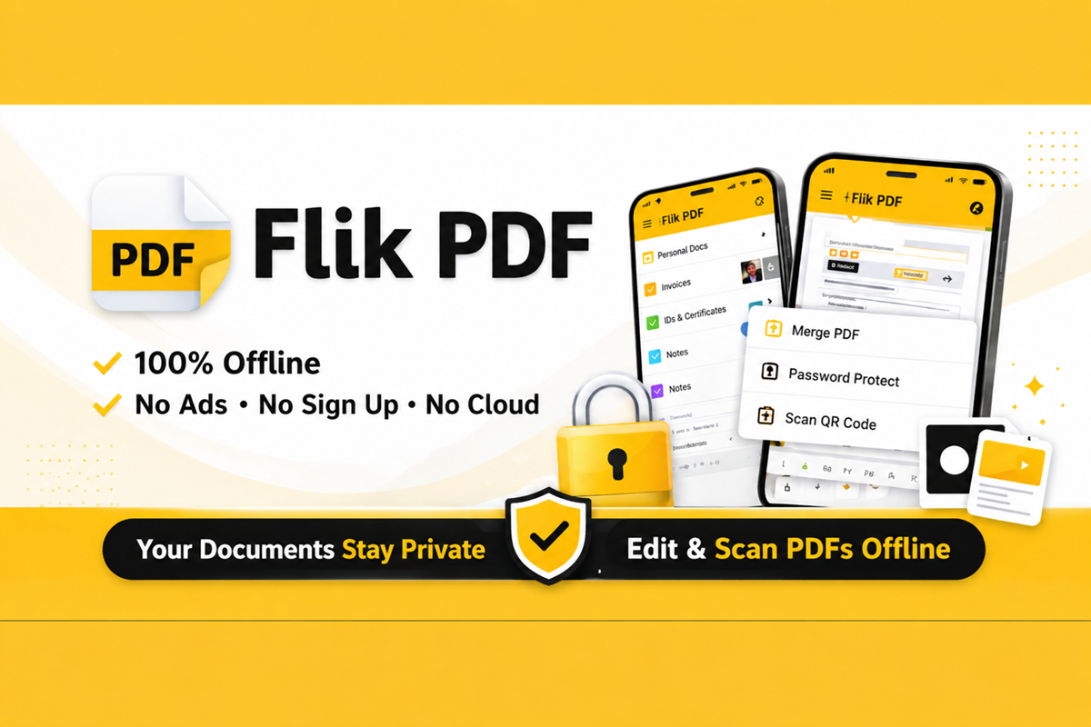 Minimalist smartphone mockup displaying a clean PDF editing interface with bold geometric shapes